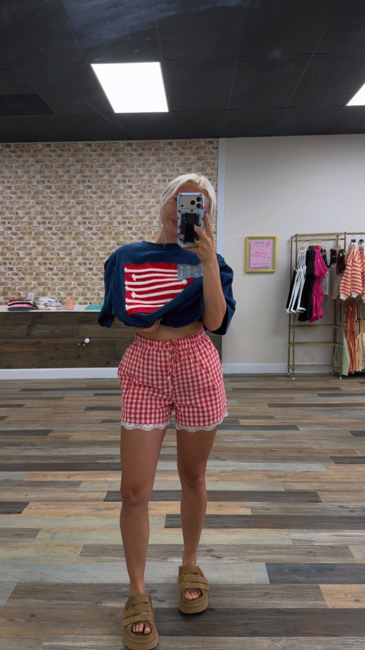 red picnic shorts