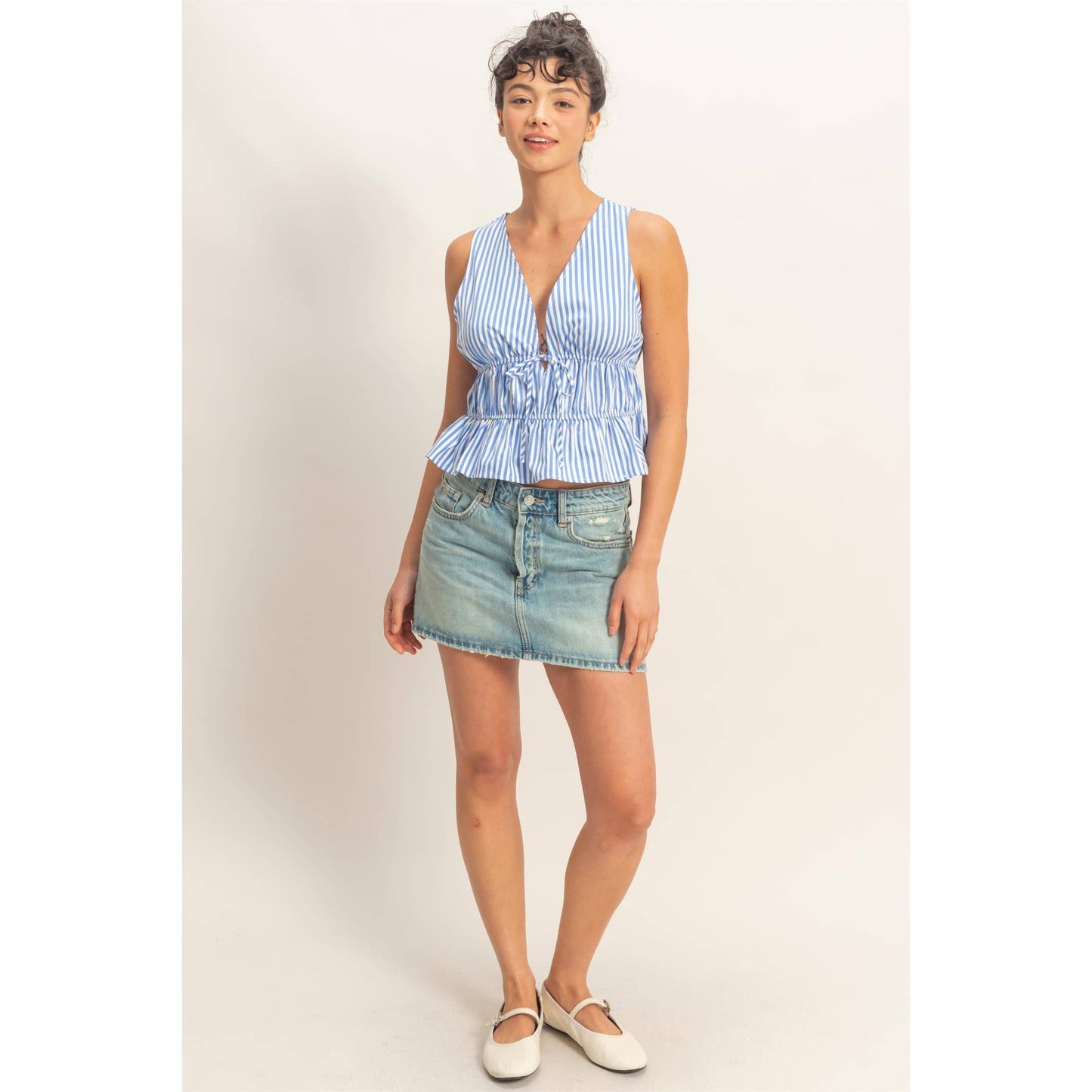 Striped Tie Front Peplum Sleeveless Top