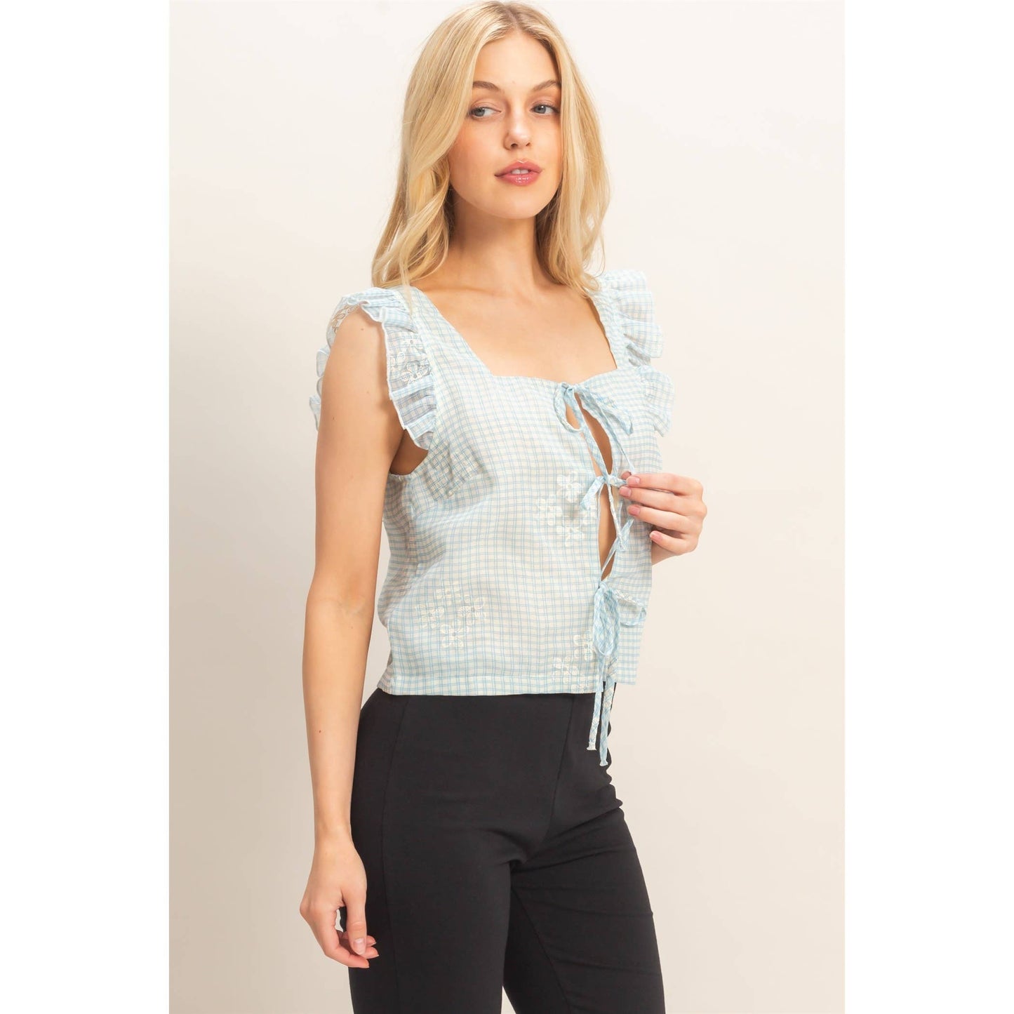 Embroidered Gingham Tie Front Top