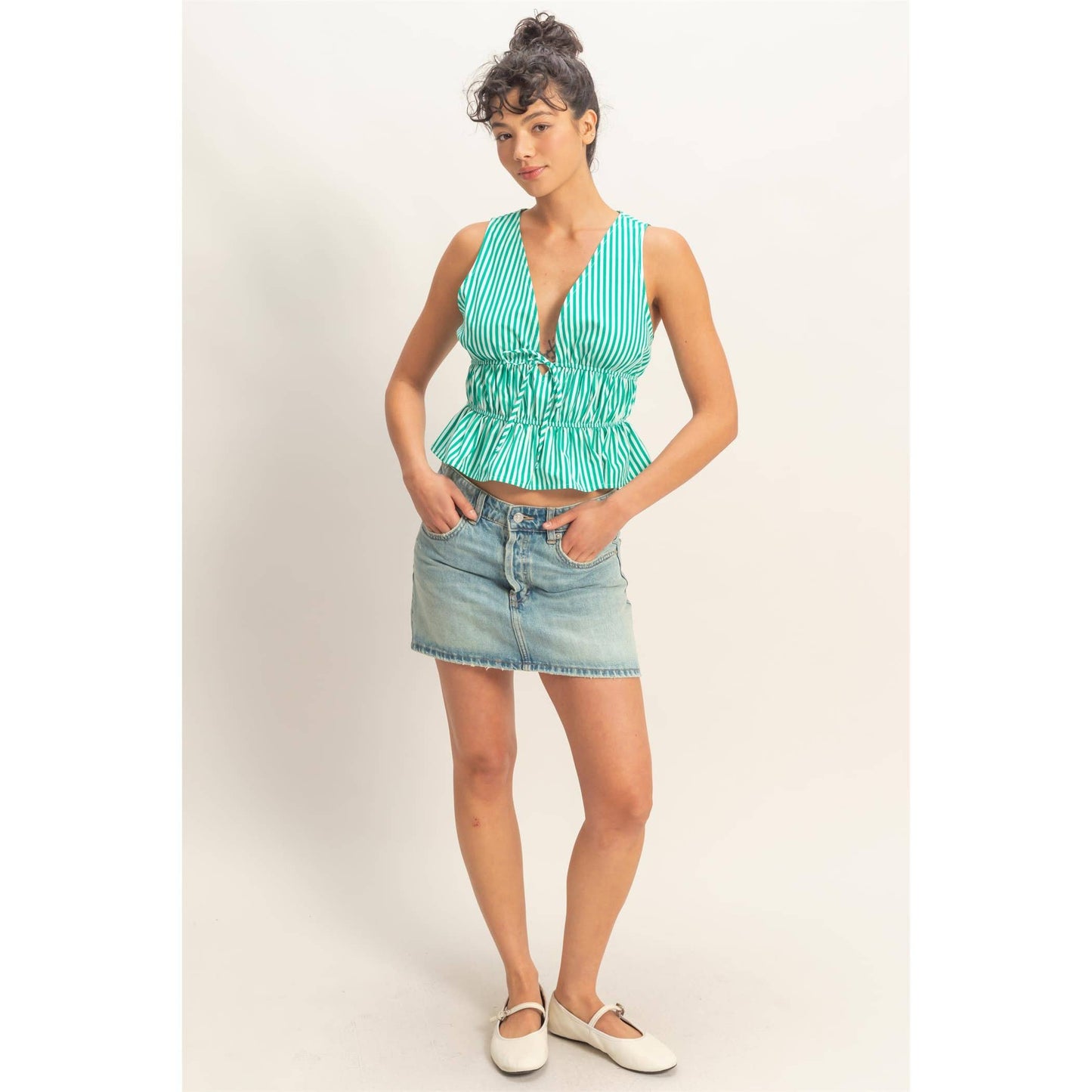 Striped Tie Front Peplum Sleeveless Top