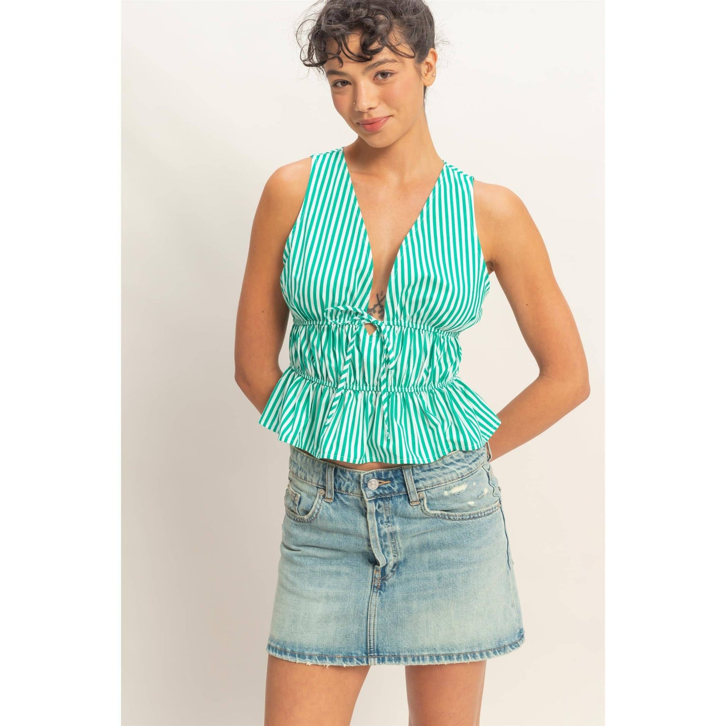 Striped Tie Front Peplum Sleeveless Top