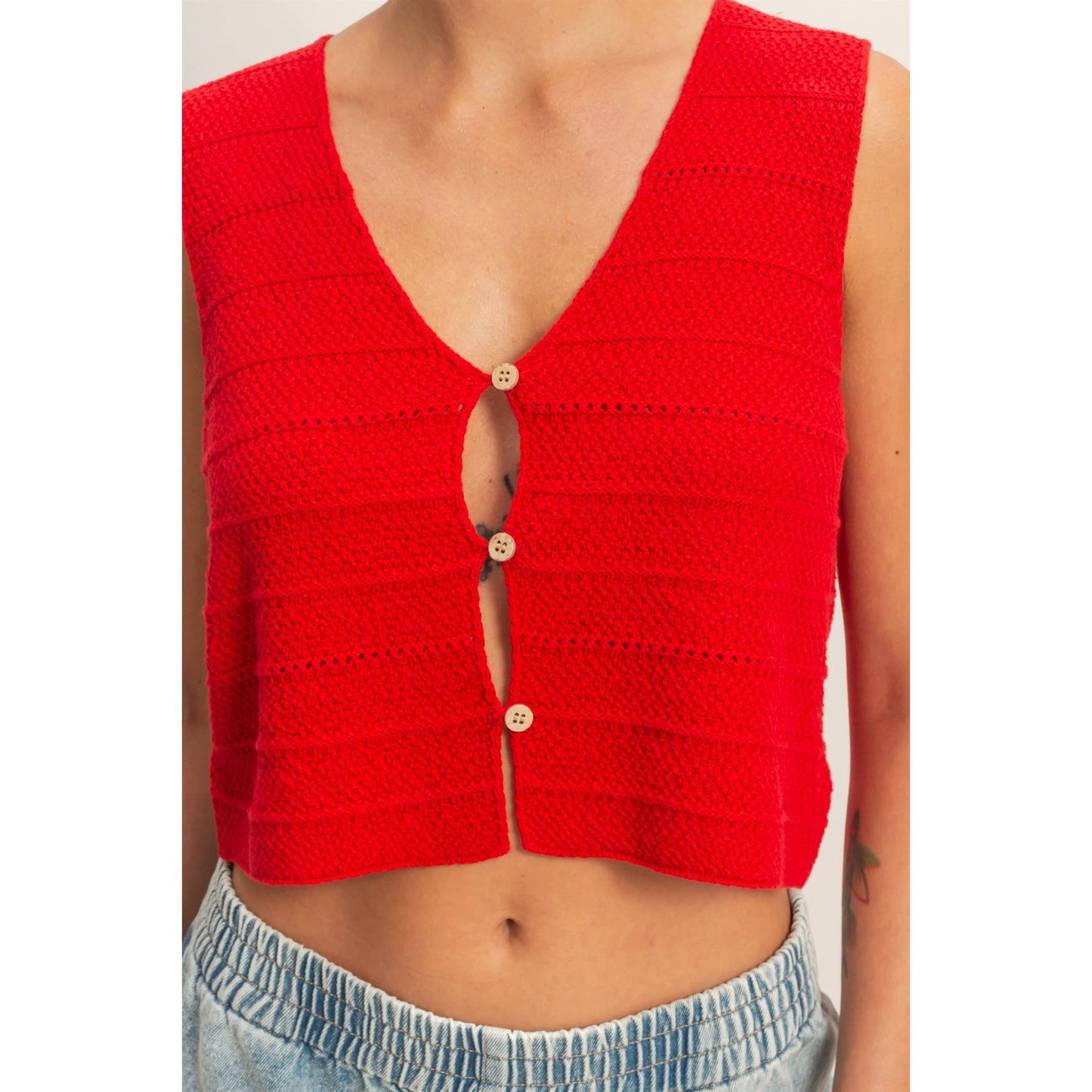 V-Neck Textured Sleeveless Knit Vest