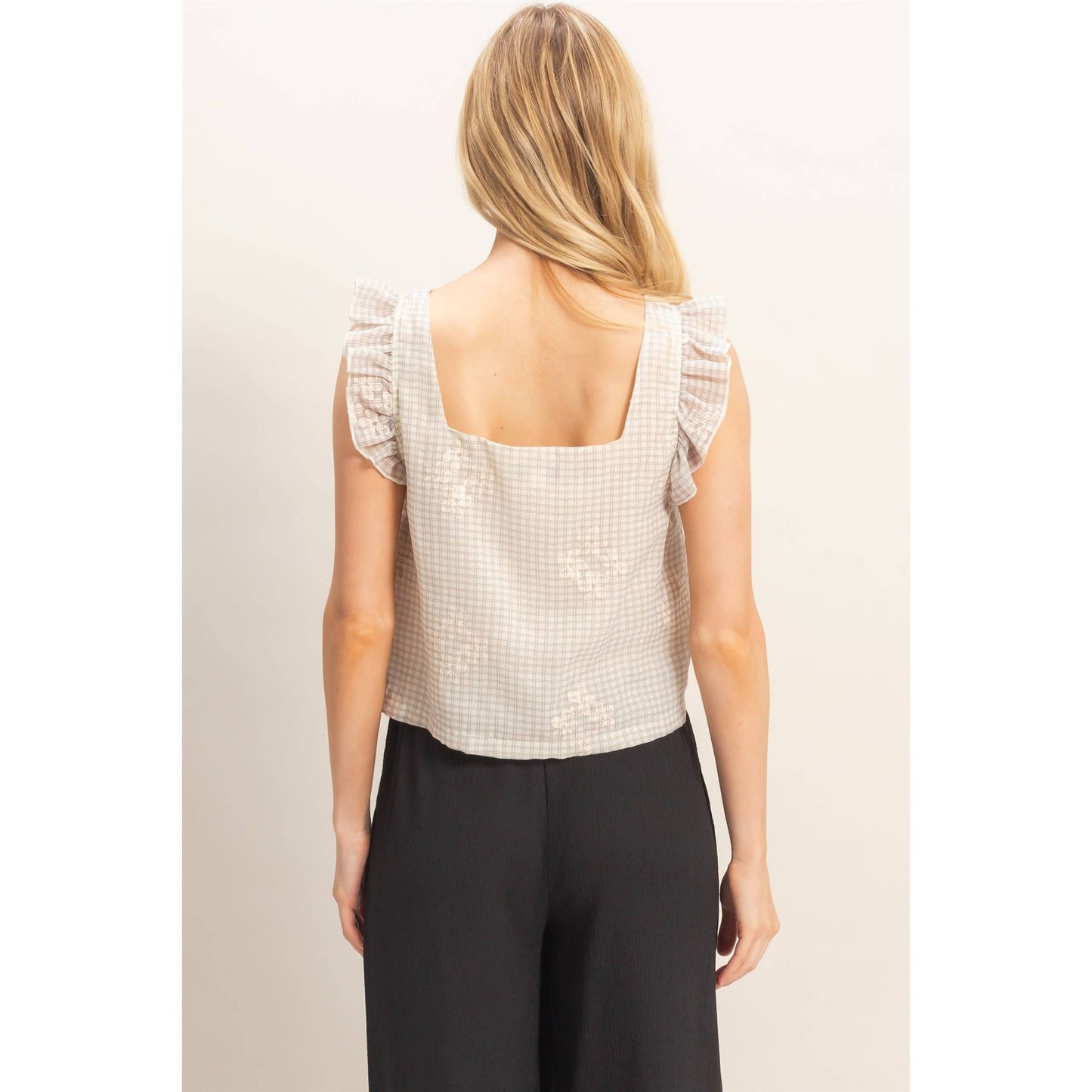 Embroidered Gingham Tie Front Top
