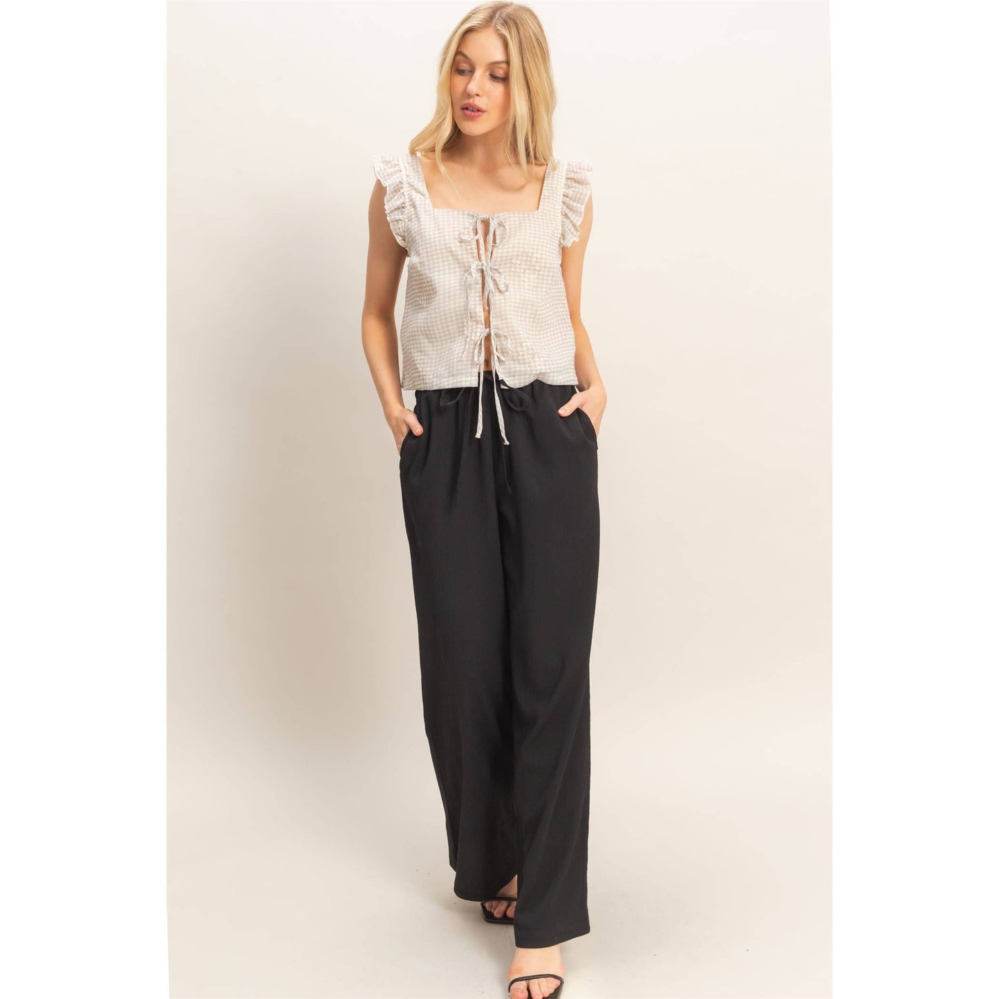 Embroidered Gingham Tie Front Top