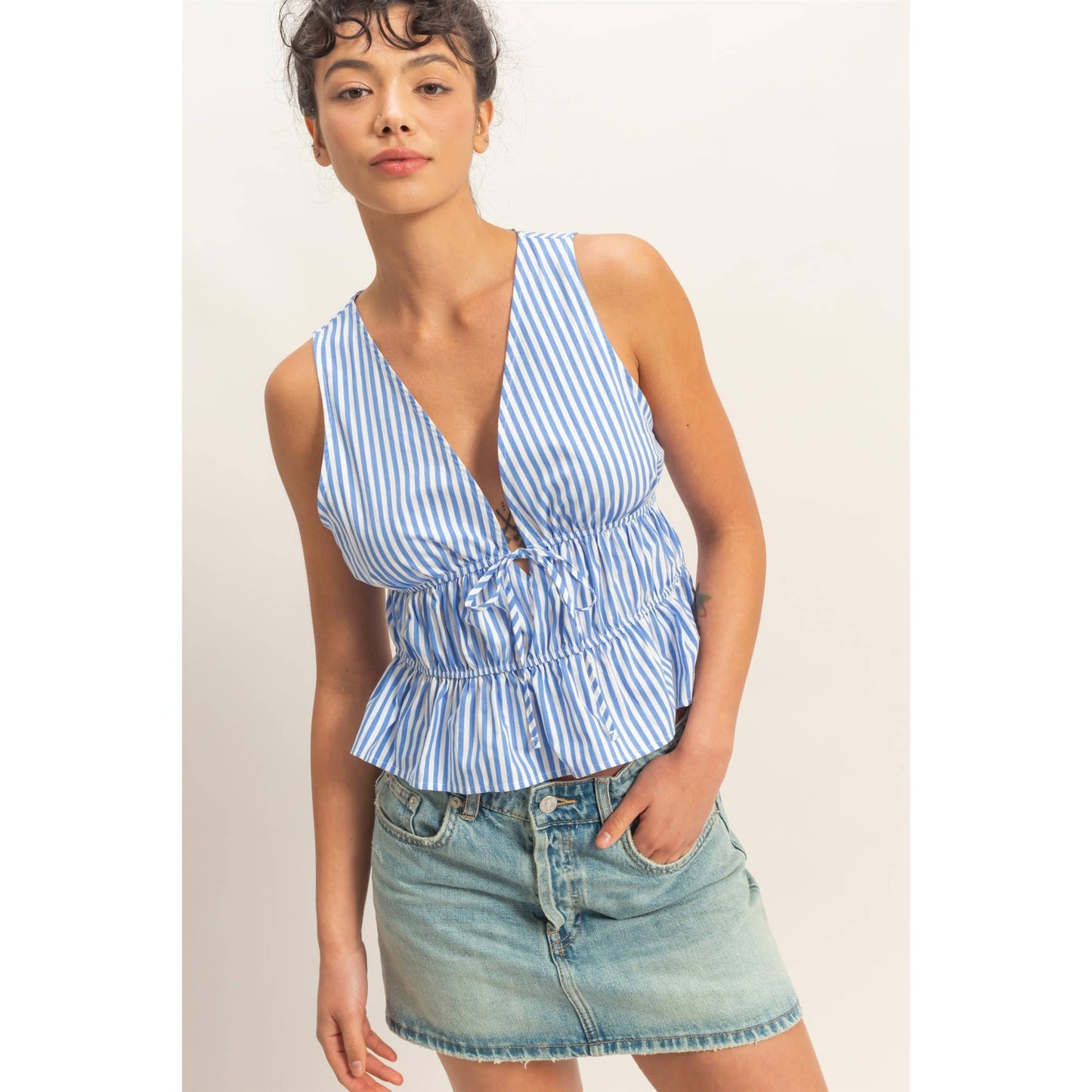 Striped Tie Front Peplum Sleeveless Top