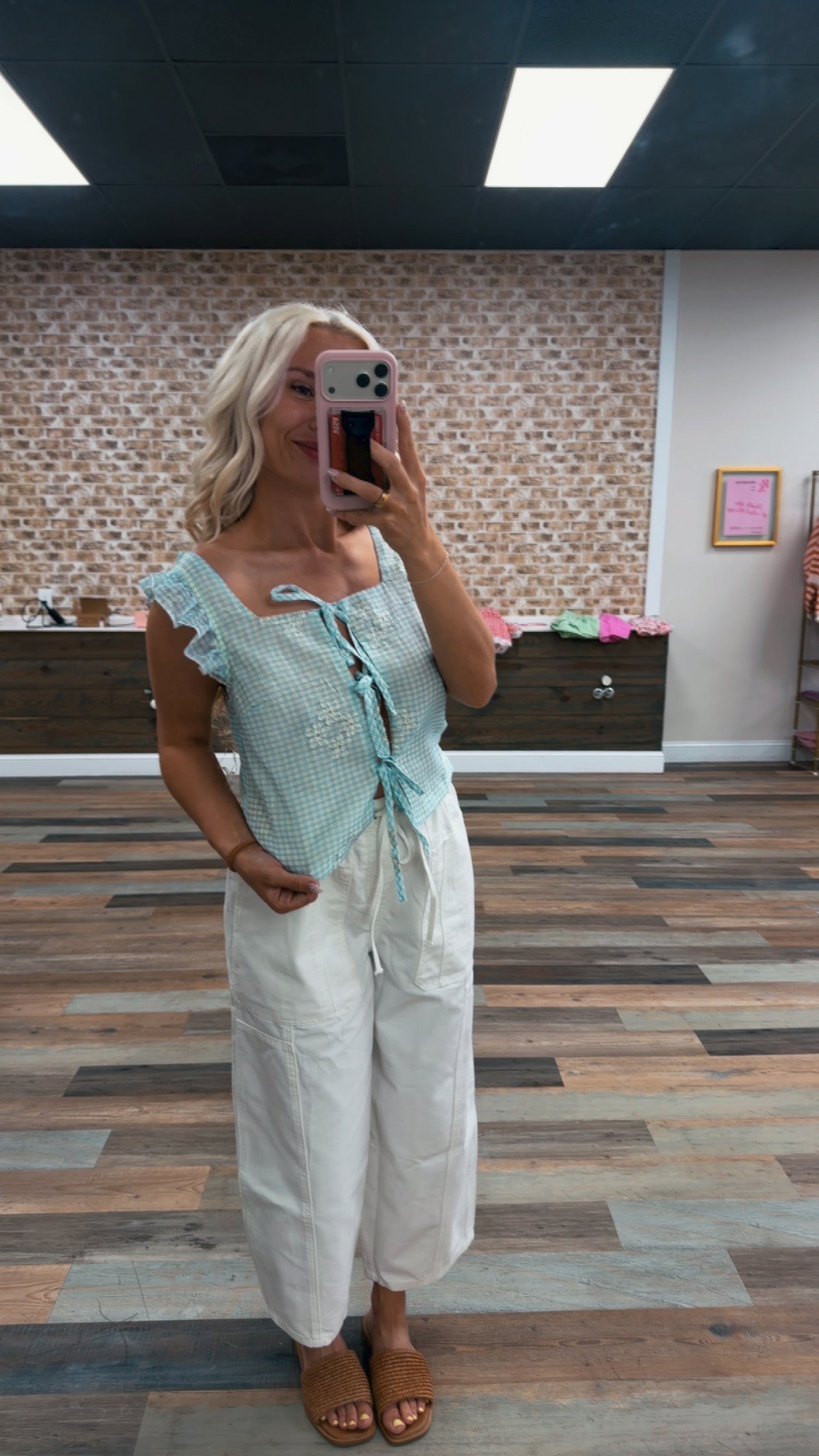 Embroidered Gingham Tie Front Top