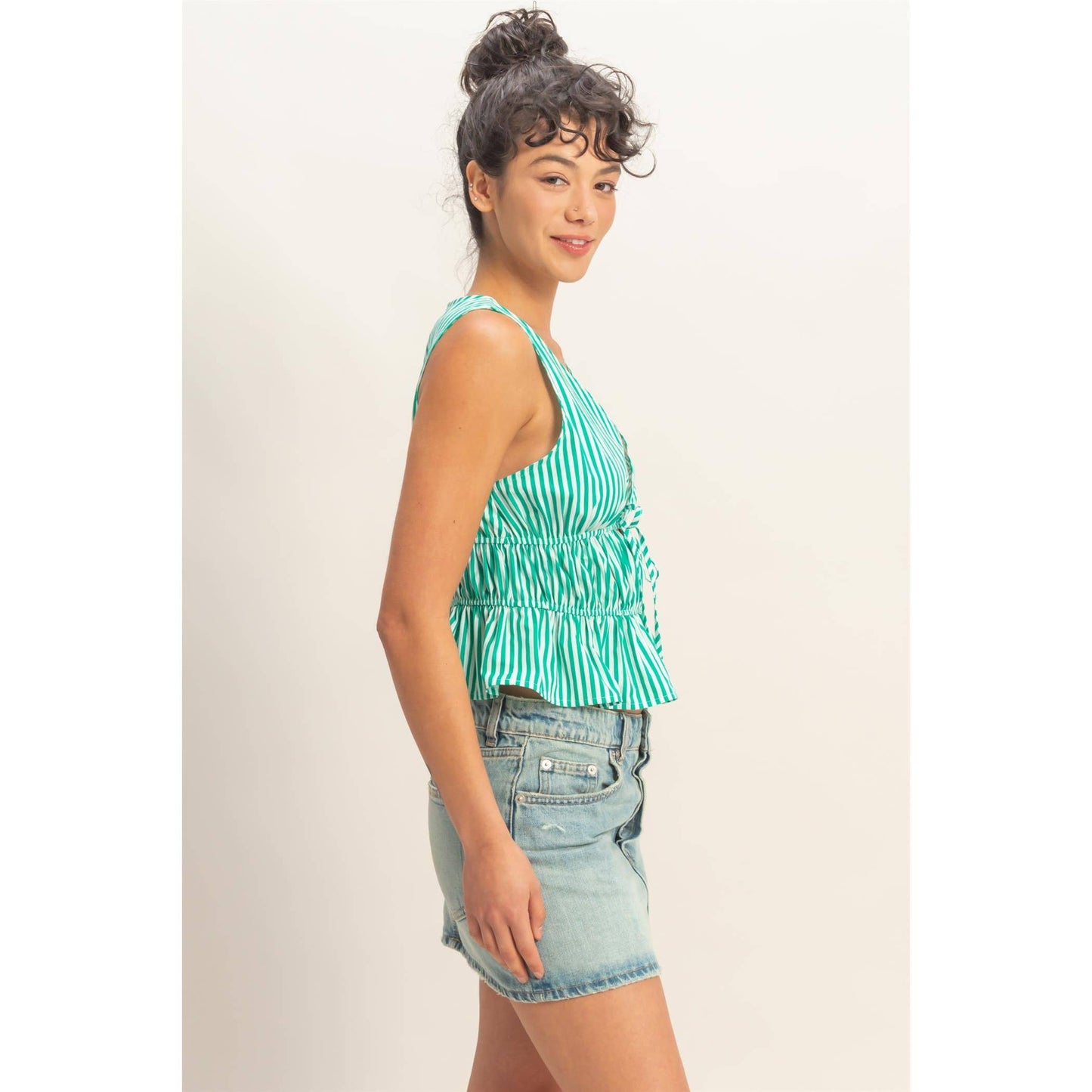 Striped Tie Front Peplum Sleeveless Top