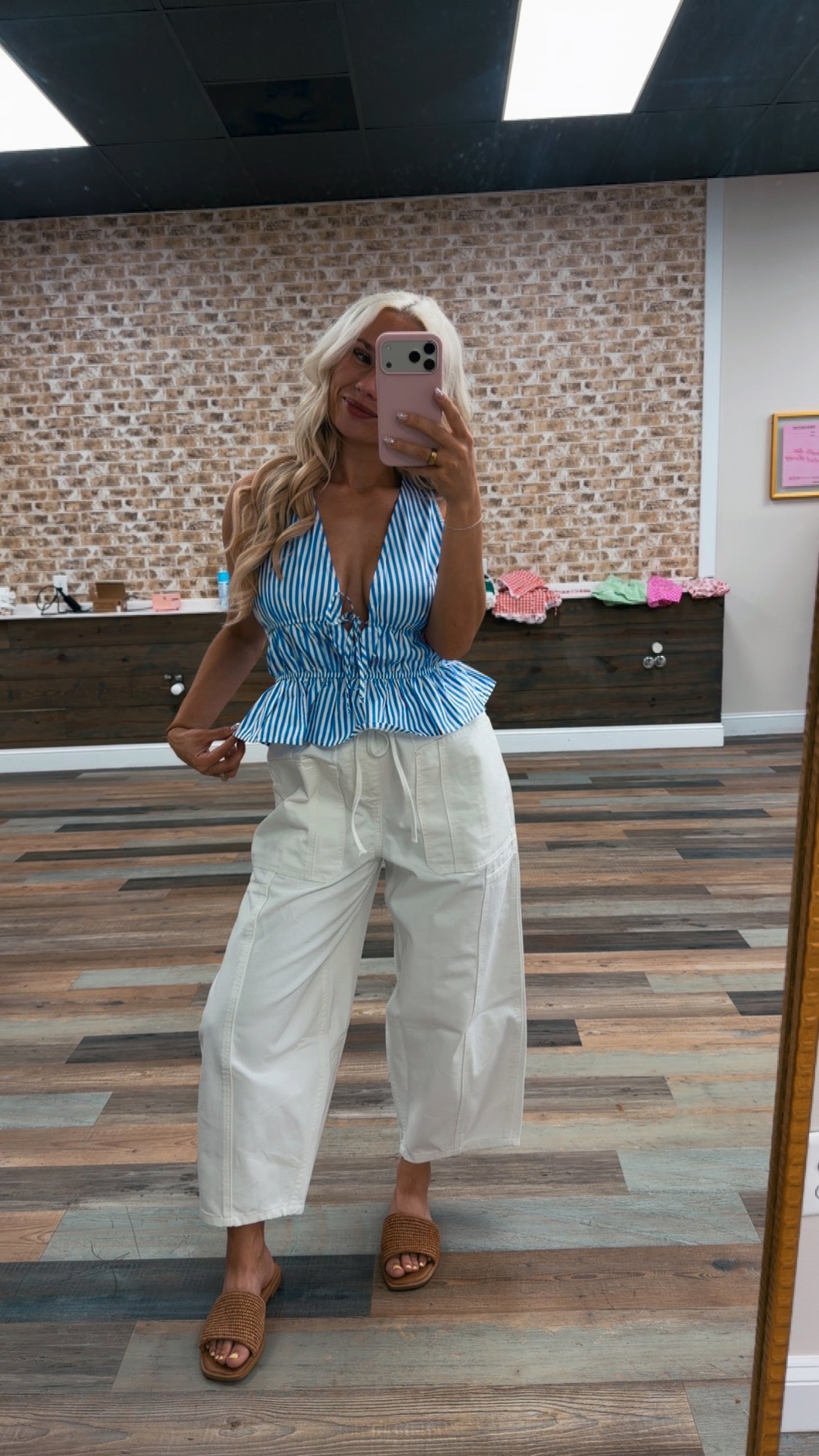 Striped Tie Front Peplum Sleeveless Top