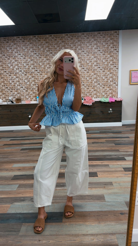 Striped Tie Front Peplum Sleeveless Top