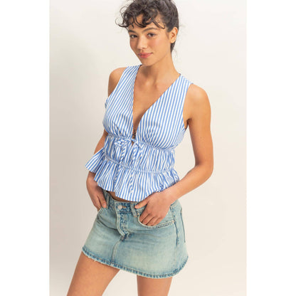Striped Tie Front Peplum Sleeveless Top