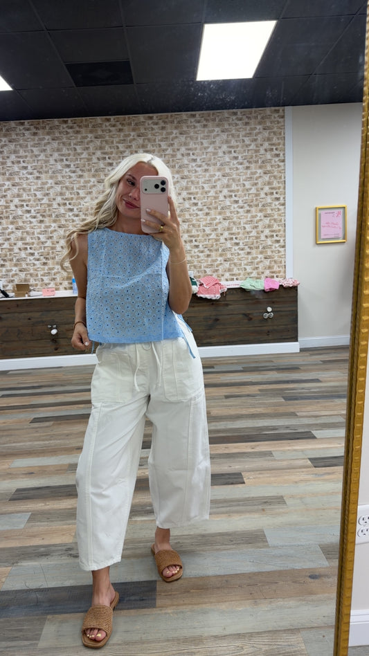 Sleeveless Textured Eyelet Top With Side Straps