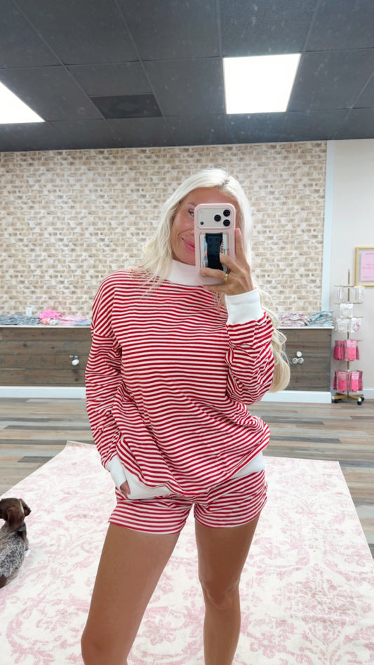 red long sleeve stripe mock set