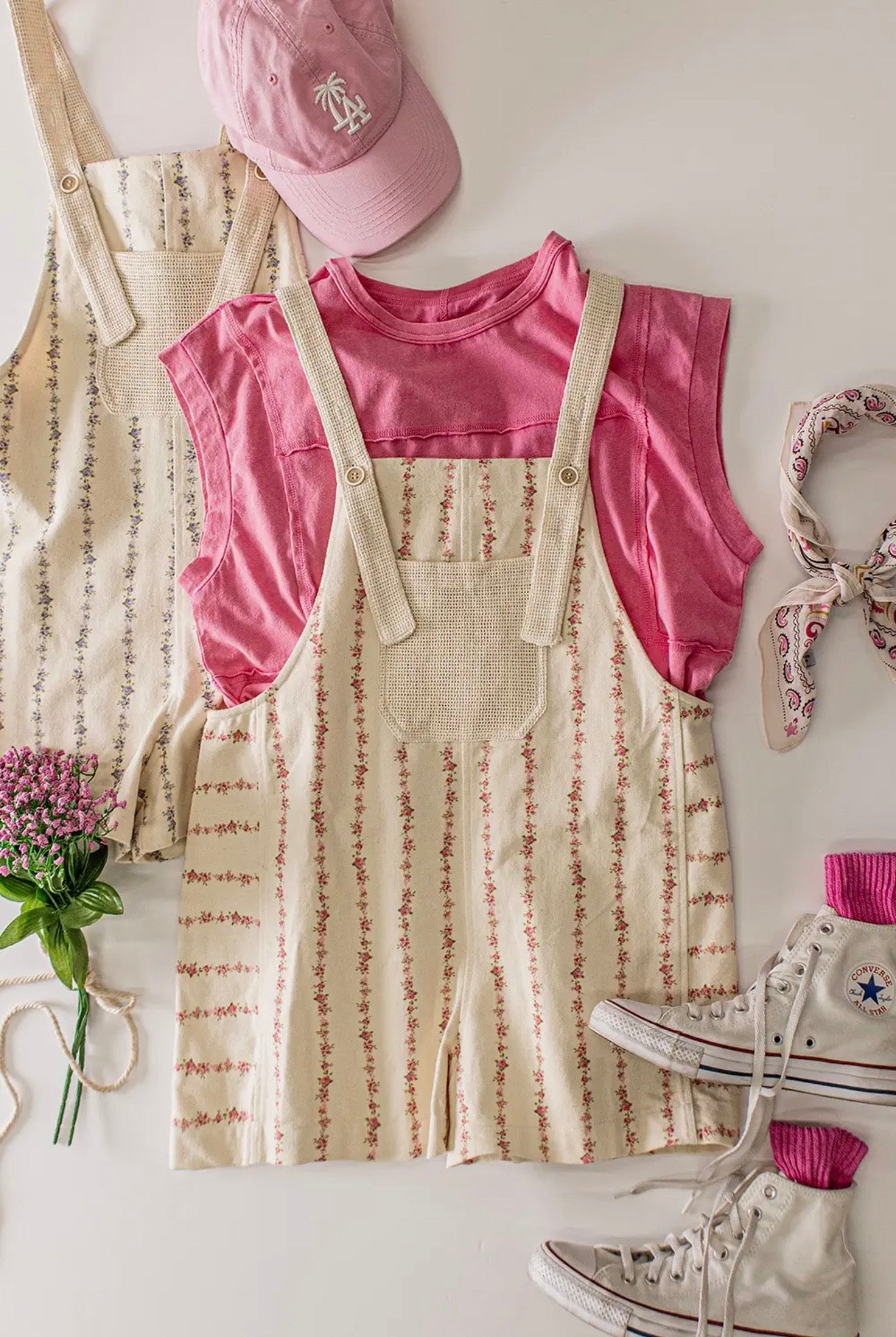 pink floral print overall romper