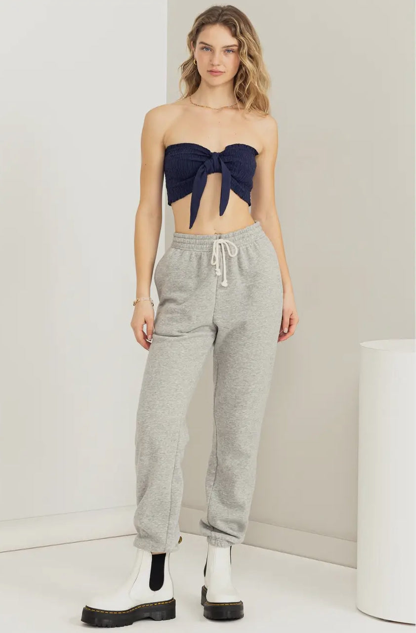 navy blue smocked tie-front tube top