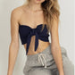 navy blue smocked tie-front tube top
