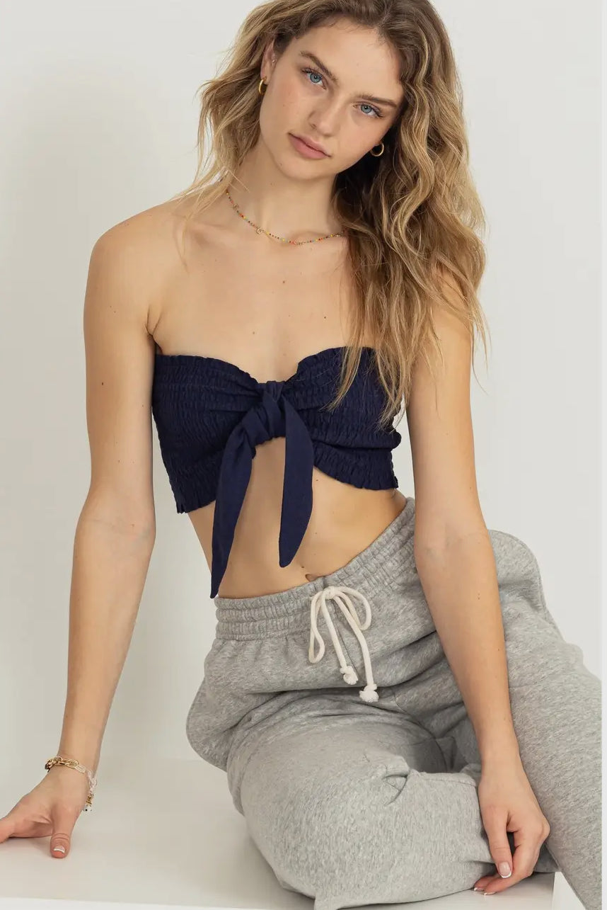navy blue smocked tie-front tube top