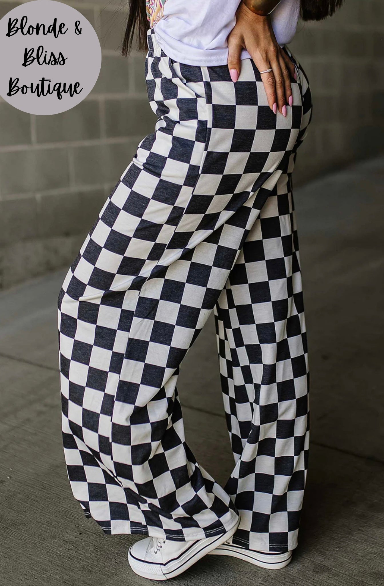 B&W Checkered High Waist Wide Leg Pants