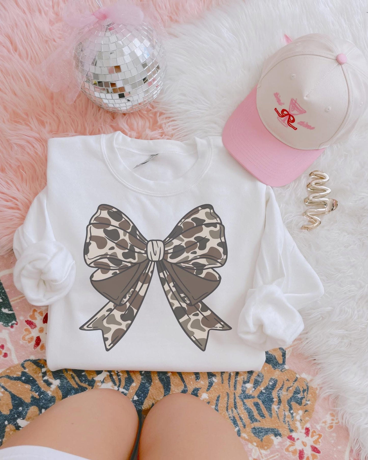 camo bow crewneck on white