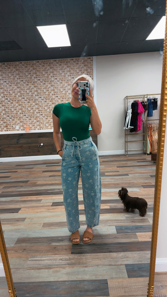 denim dandelion washed barrel jeans with tie waist