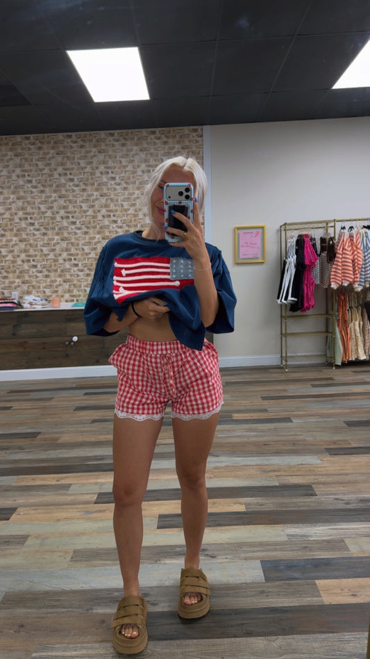 red picnic shorts