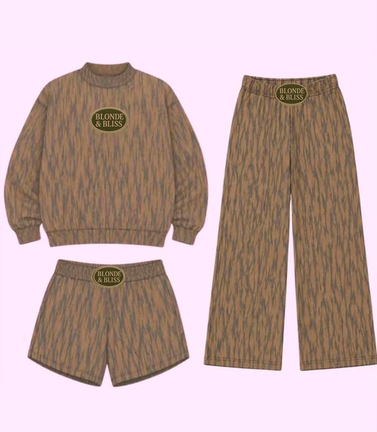 BLONDE & BLISS CAMO MOCK NECK, TANK, SHORTS, SWEATPANTS