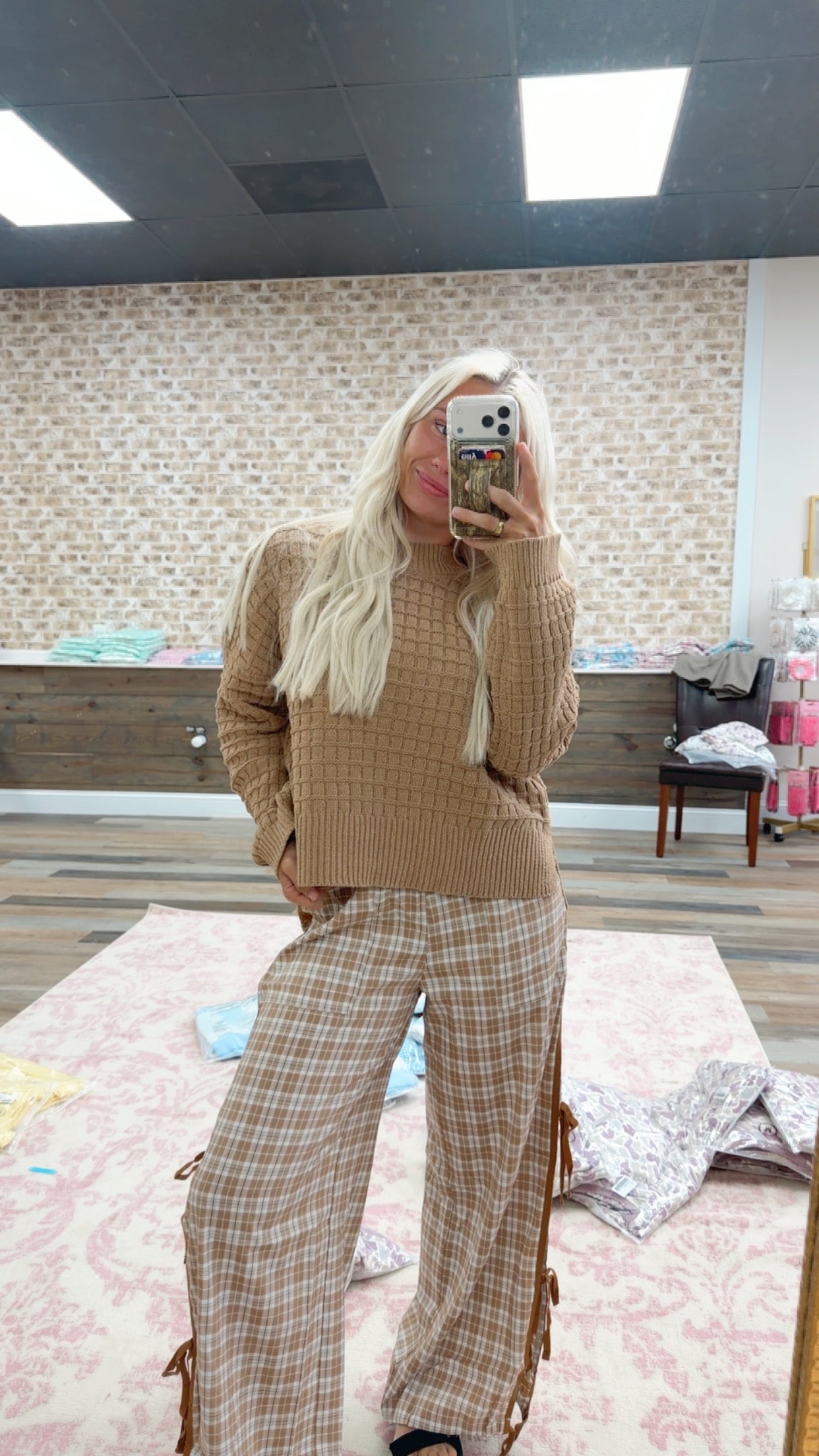 plaid chestnut pants with tie sides