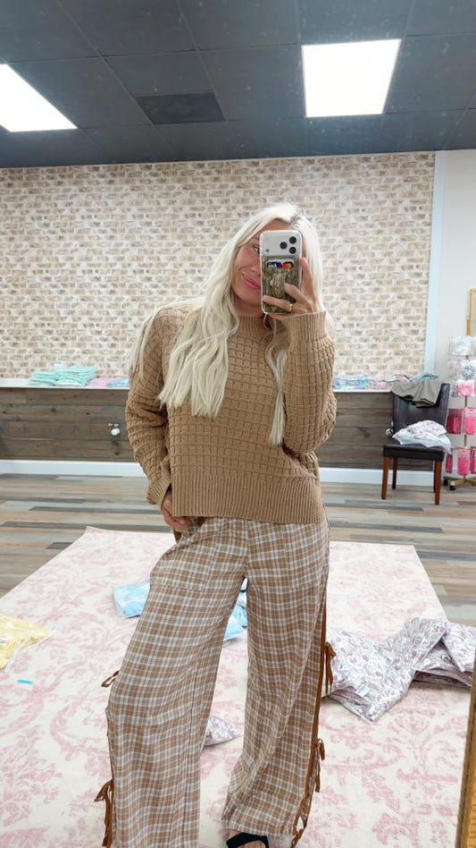 plaid chestnut pants with tie sides