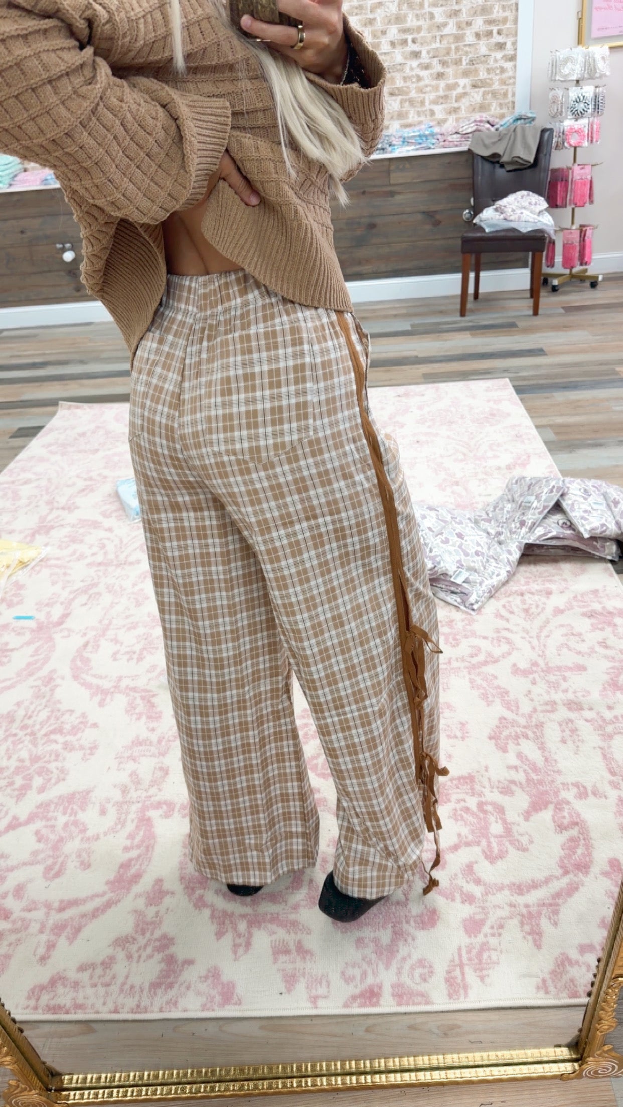 plaid chestnut pants with tie sides