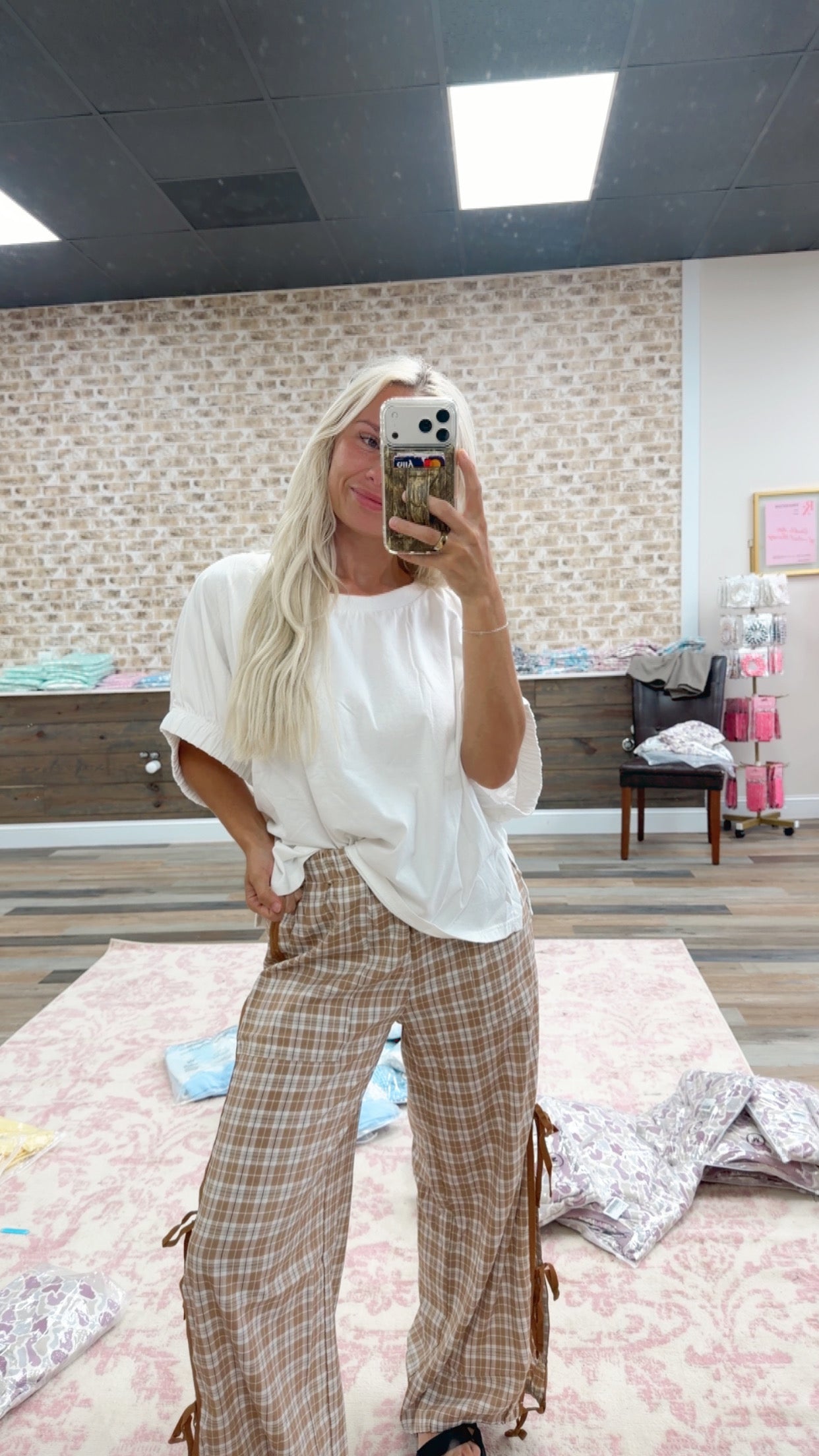 plaid chestnut pants with tie sides