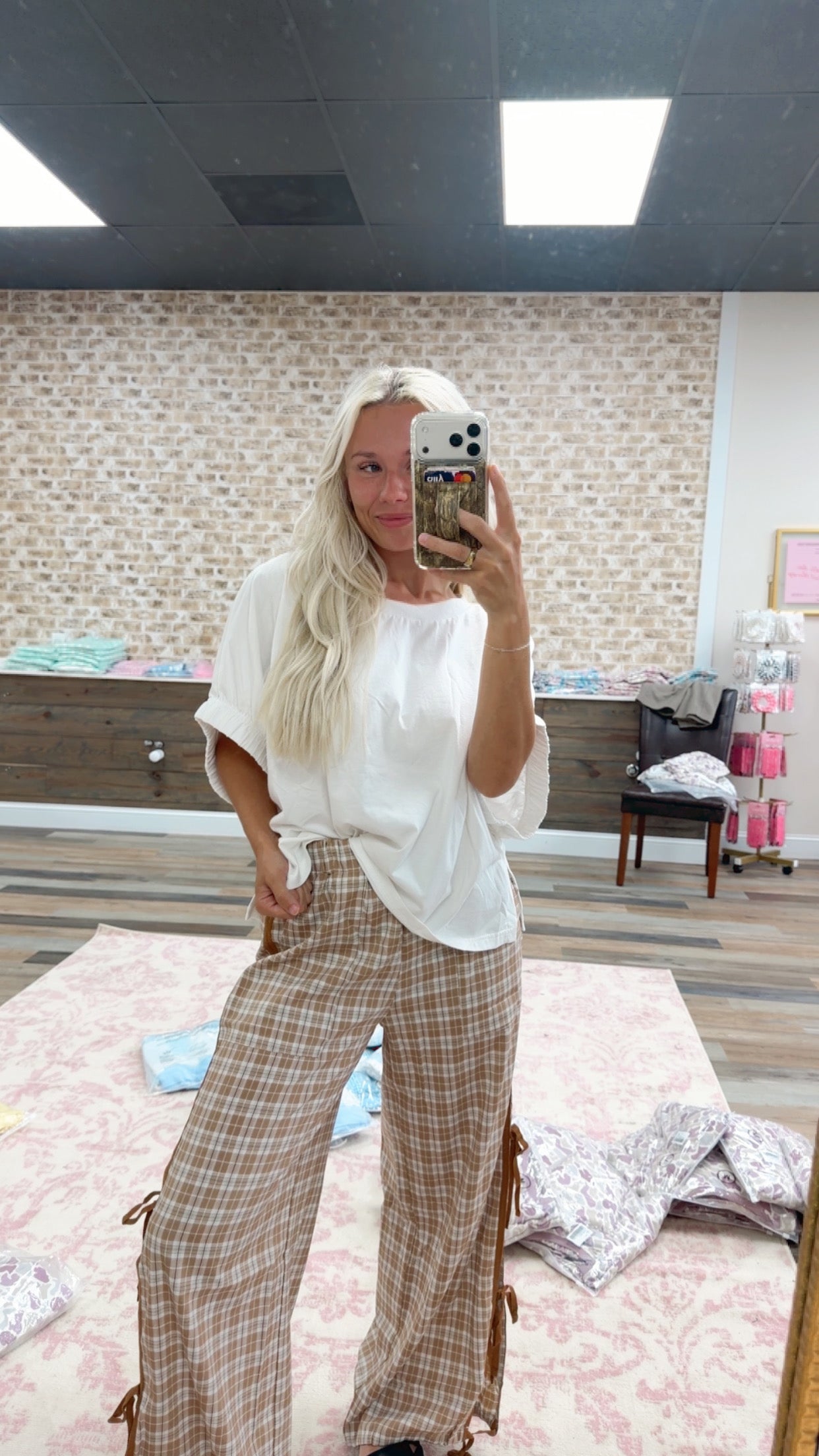 plaid chestnut pants with tie sides