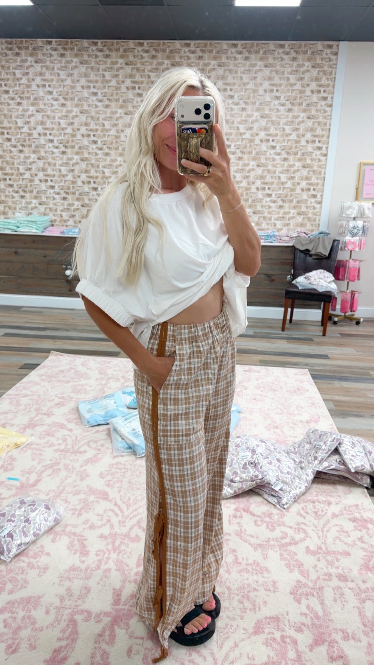 plaid chestnut pants with tie sides