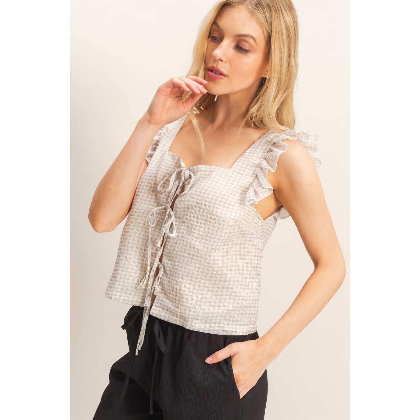 Embroidered Gingham Tie Front Top