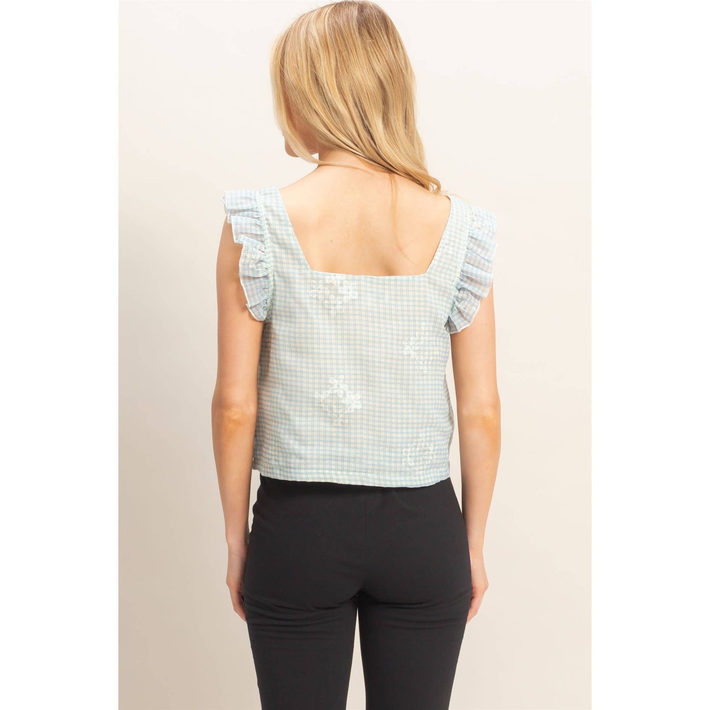 Embroidered Gingham Tie Front Top