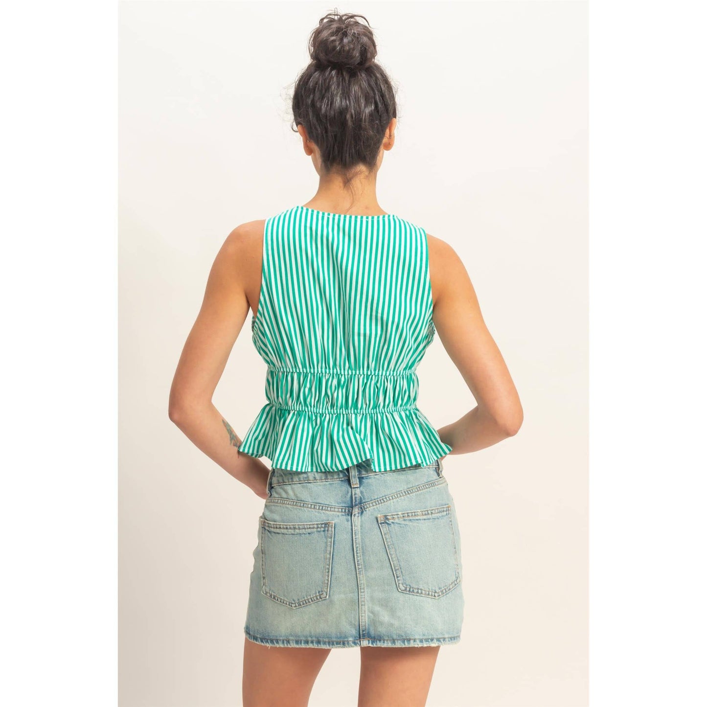Striped Tie Front Peplum Sleeveless Top
