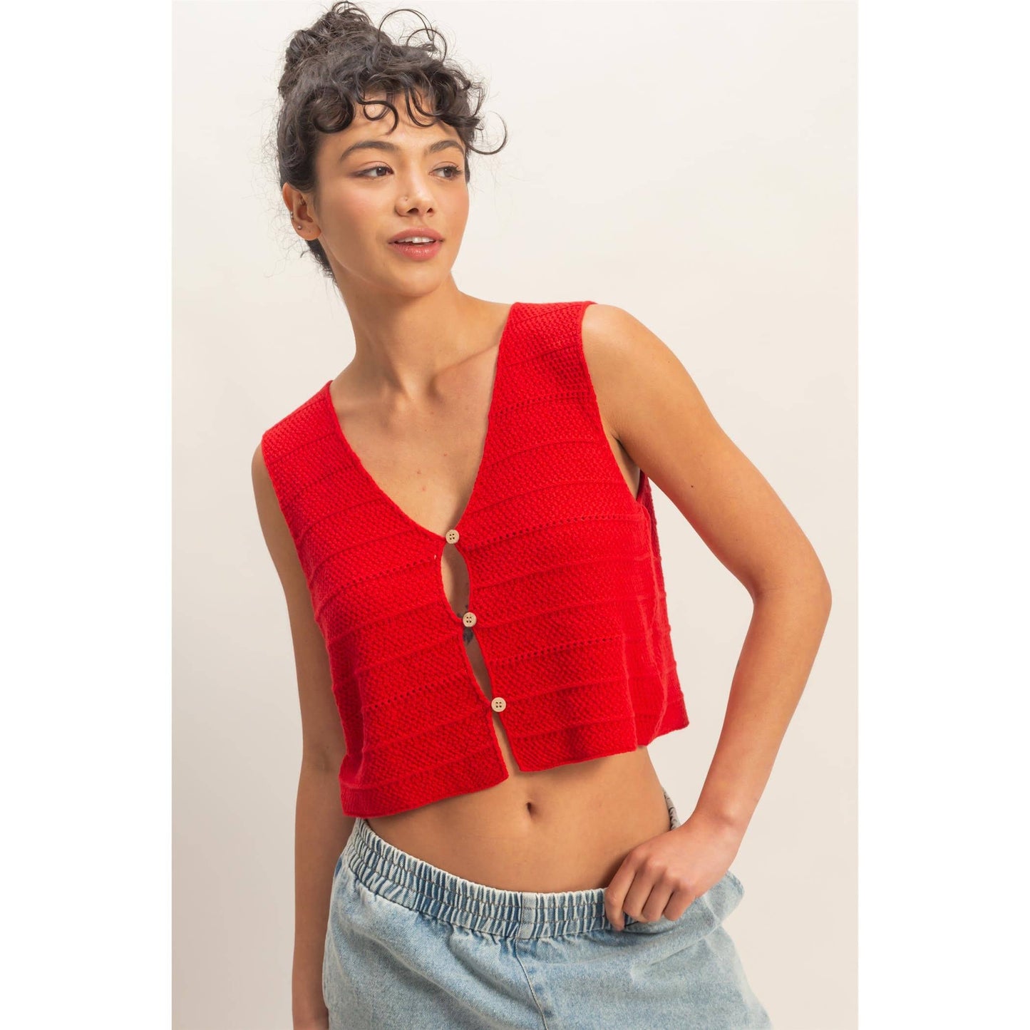V-Neck Textured Sleeveless Knit Vest