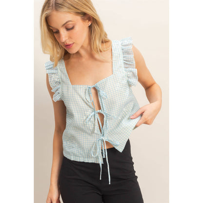 Embroidered Gingham Tie Front Top